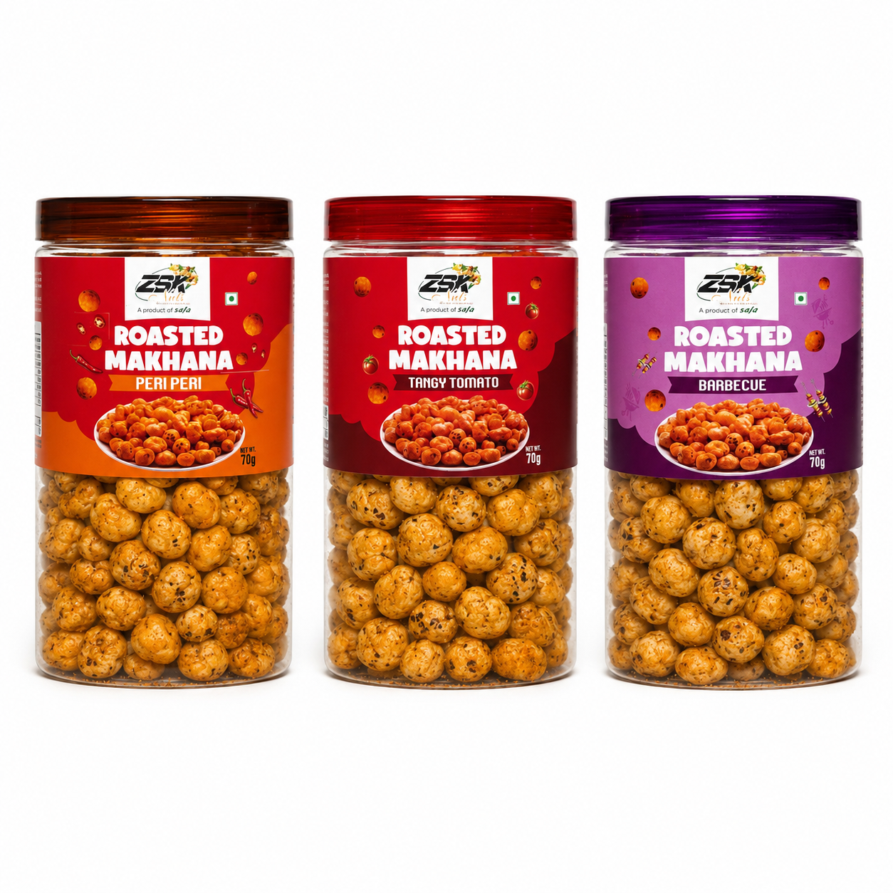 ZSK_Roasted_Makhana_Combo_Pack ZSK Roasted Makhana Combo Pack – Peri Peri, Tangy Tomato & Barbecue | Healthy Roasted Fox Nuts | 70g x 3 - Image 1