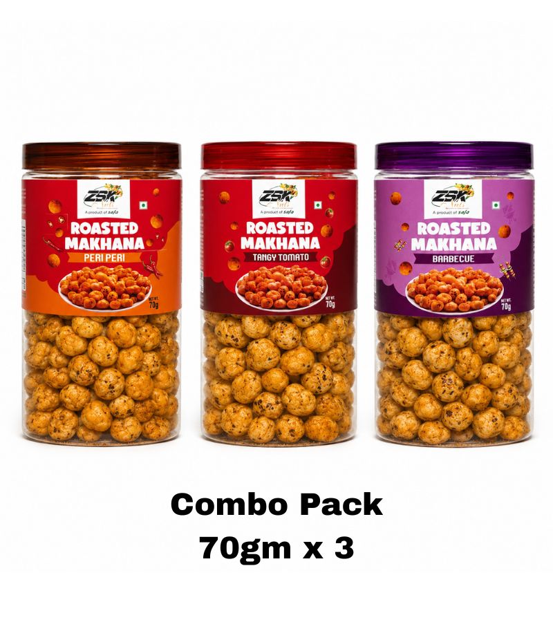Pure Honey (3) ZSK Roasted Makhana Fox Nuts | Peri Peri, Tangy Tomato & Barbecue | 70g x 3 - Image 1